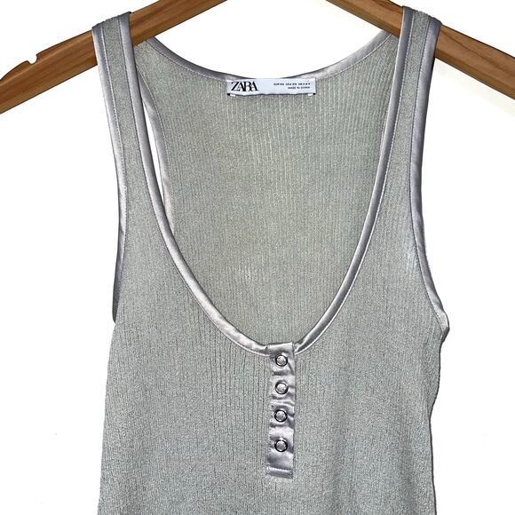 Zara Grey Scoop Neck Delicate Sheer Viscose Linen Mesh Knit Tank Top Size XS - Picture 3 of 15
